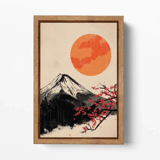 Fuji Artwork Sakura and the Rising Sun Japan Wall Art Eco Leather Canvas Wall Decor Print Wood Frame