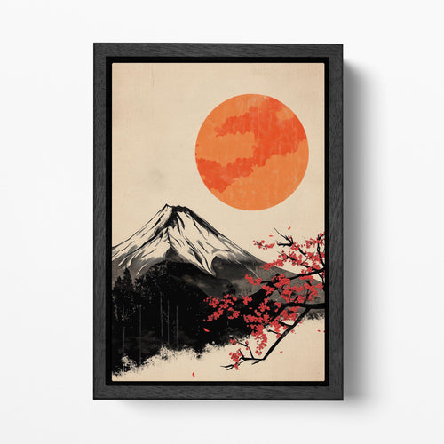 Fuji Artwork Sakura and the Rising Sun Japan Wall Art Eco Leather Canvas Wall Decor Print Black Frame