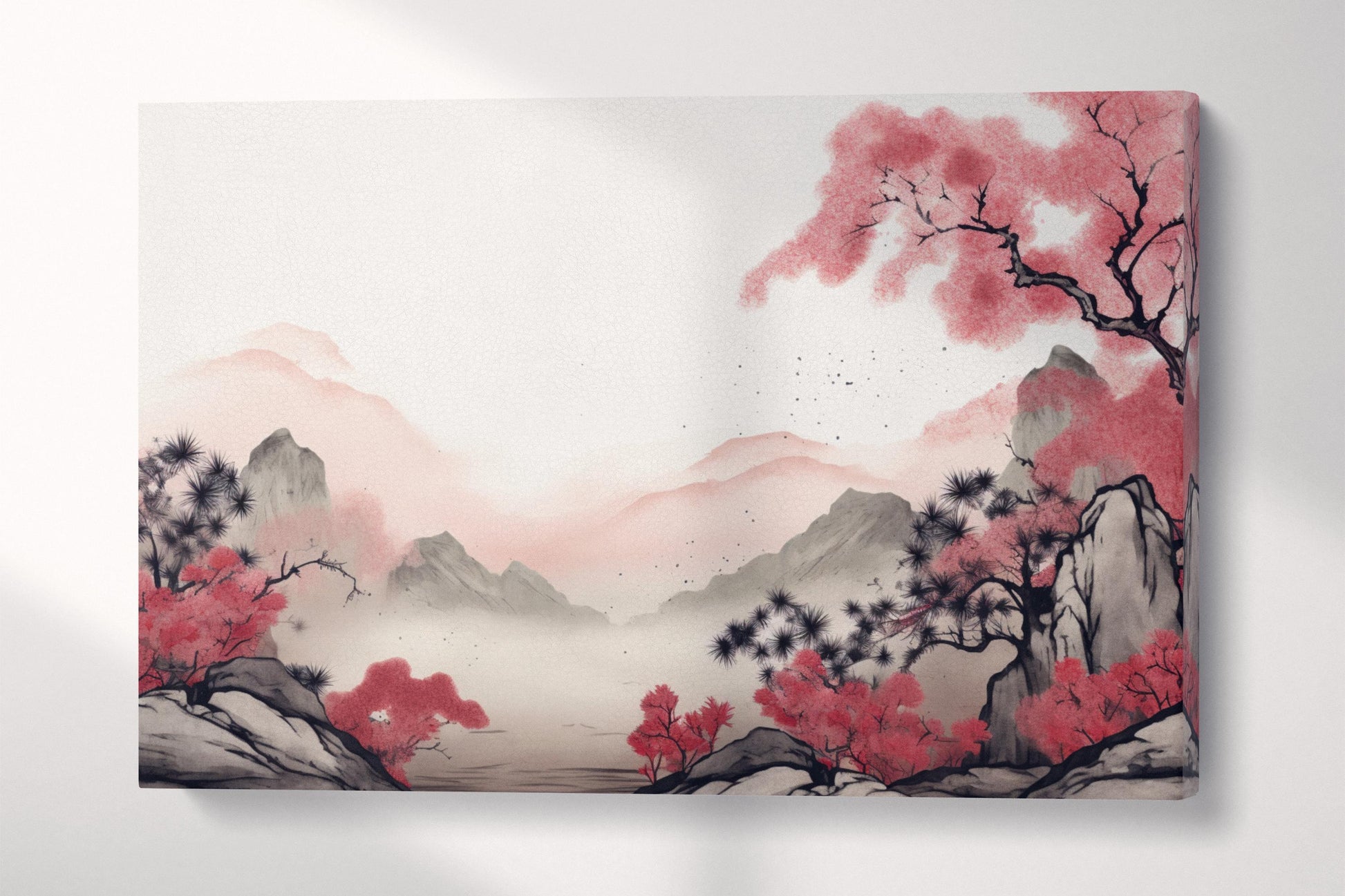 Whispers of Sakura Mist Japanese Mountain Wall Art Eco Leather Home Decor Canvas Print Single Panel