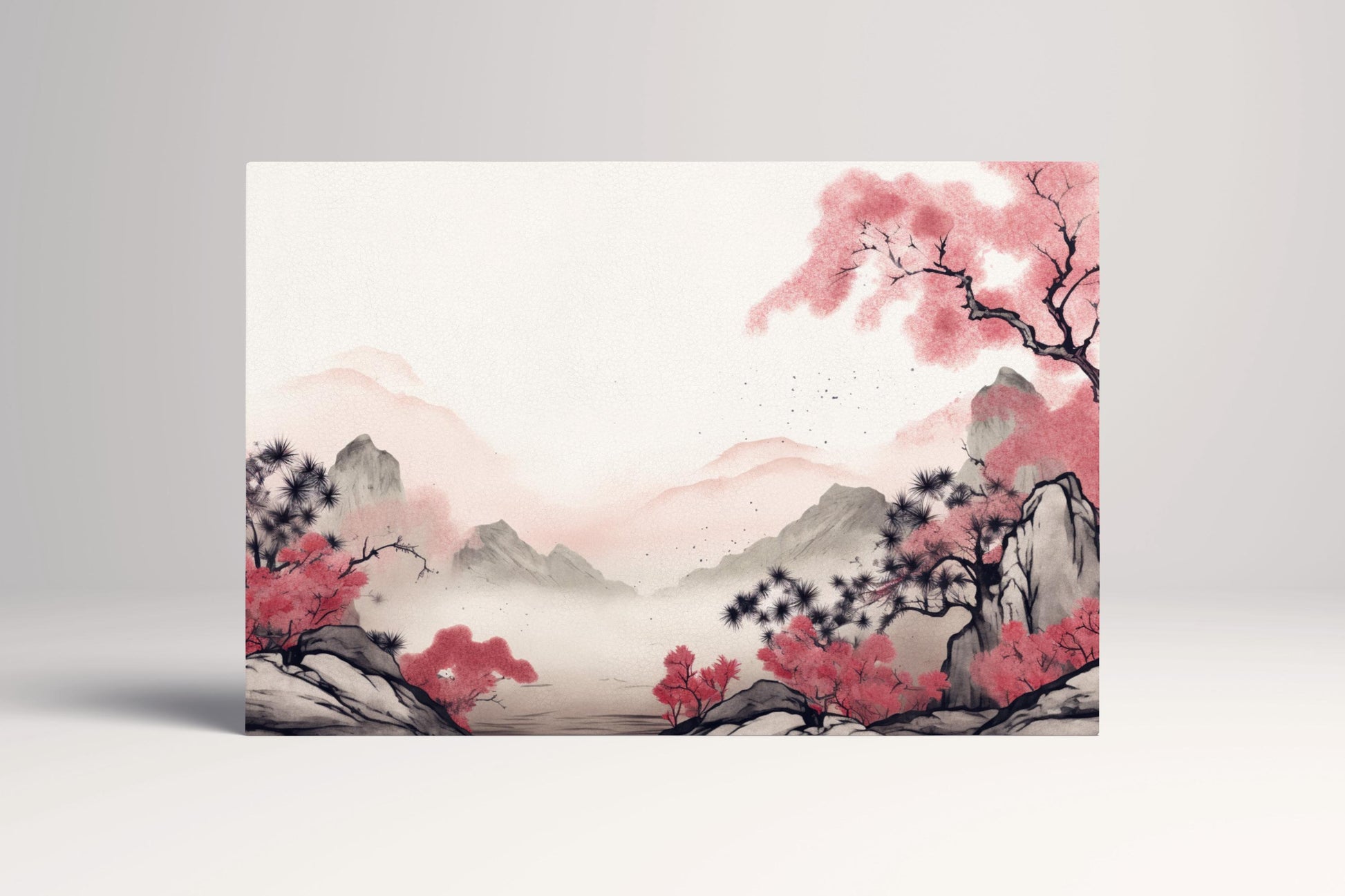Whispers of Sakura Mist Japanese Mountain Wall Art Eco Leather Home Decor Canvas Print
