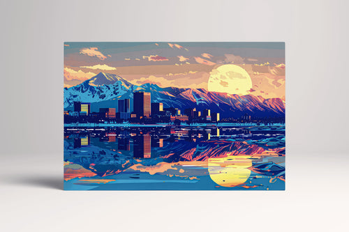 Anchorage, Alaska Dawn Retro Game Style Cityscape Wall Art Eco Leather Home Decor Canvas Print