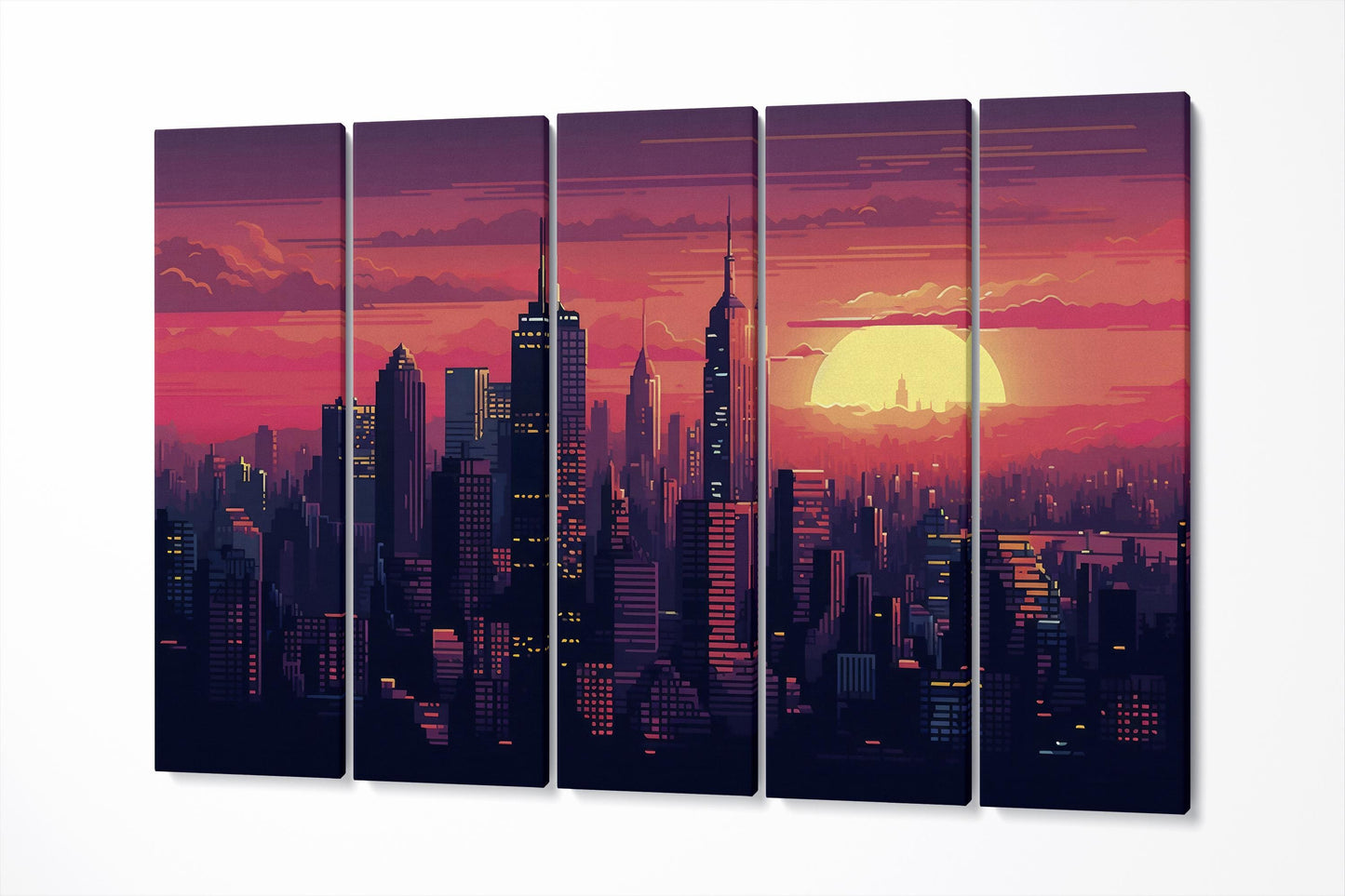 New York Sunset Skyline 8-Bit Pixel Art Wall Art Eco Leather Home Decor Canvas Print 5 Panels