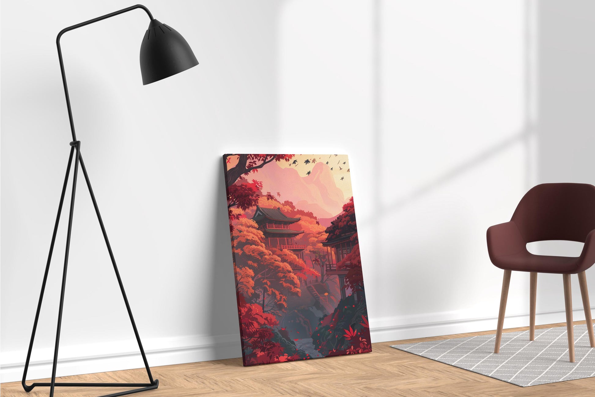 Serenity in Scarlet Japanese Autumn Wall Art Eco Leather Canvas Wall Decor Print Ambient Scene