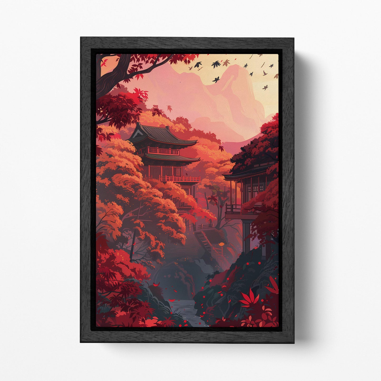 Serenity in Scarlet Japanese Autumn Wall Art Eco Leather Canvas Wall Decor Print Black Frame