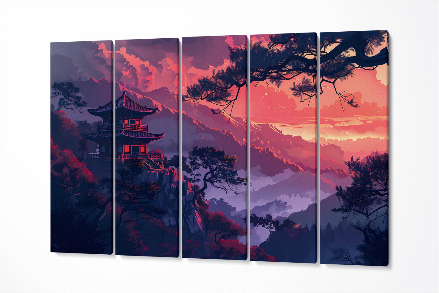 Japanese Red Mountain Sunset Wall Art Eco Leather Home Decor Canvas Print 5 Panels