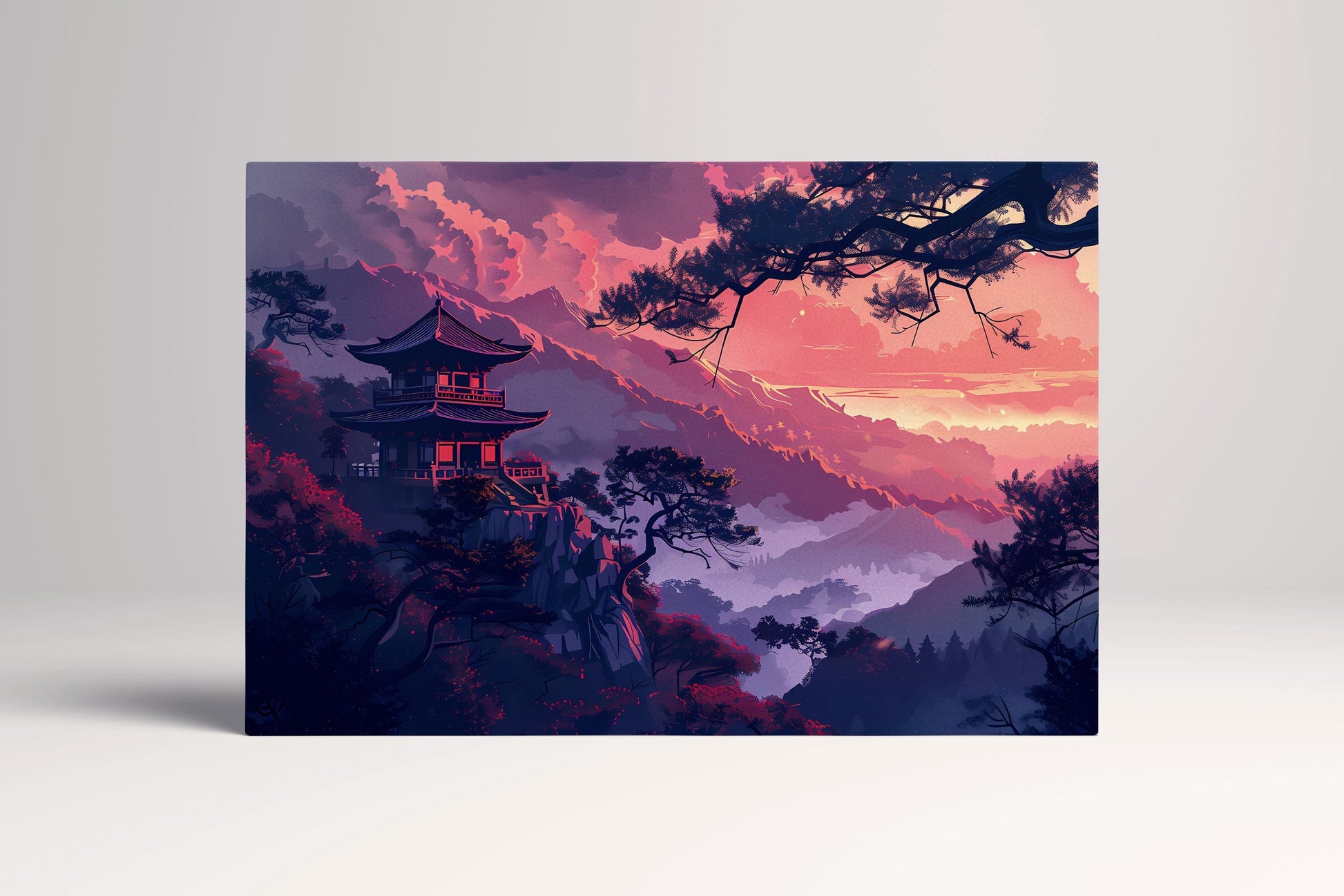 Japanese Red Mountain Sunset Wall Art Eco Leather Home Decor Canvas Print