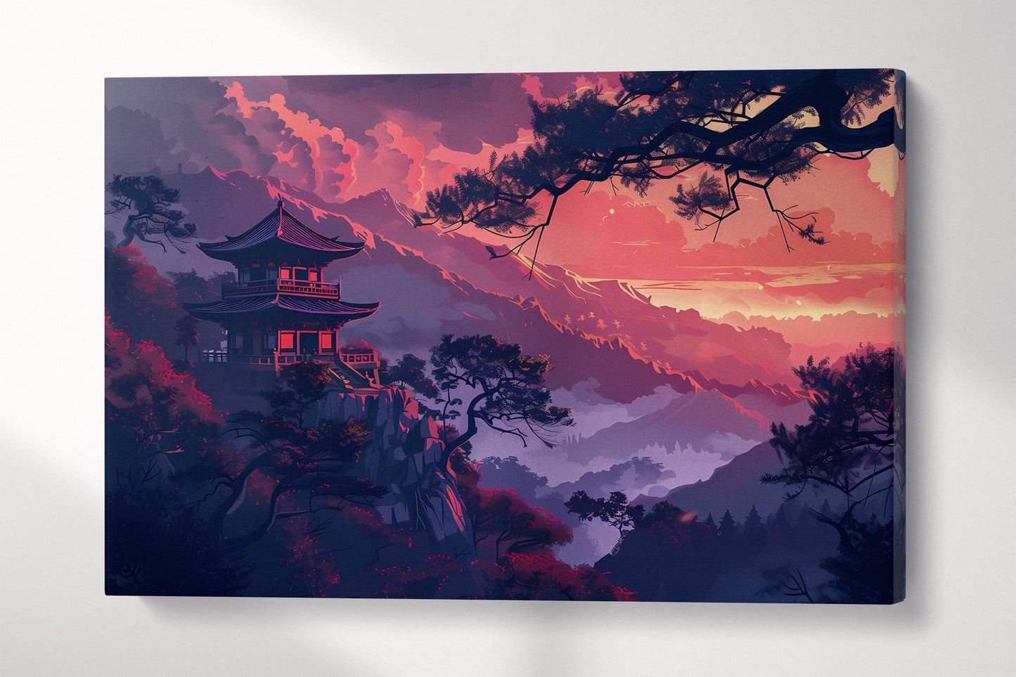 Japanese Red Mountain Sunset Wall Art Eco Leather Home Decor Canvas Print Single Panel