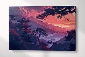 Japanese Red Mountain Sunset Wall Art Eco Leather Home Decor Canvas Print Single Panel