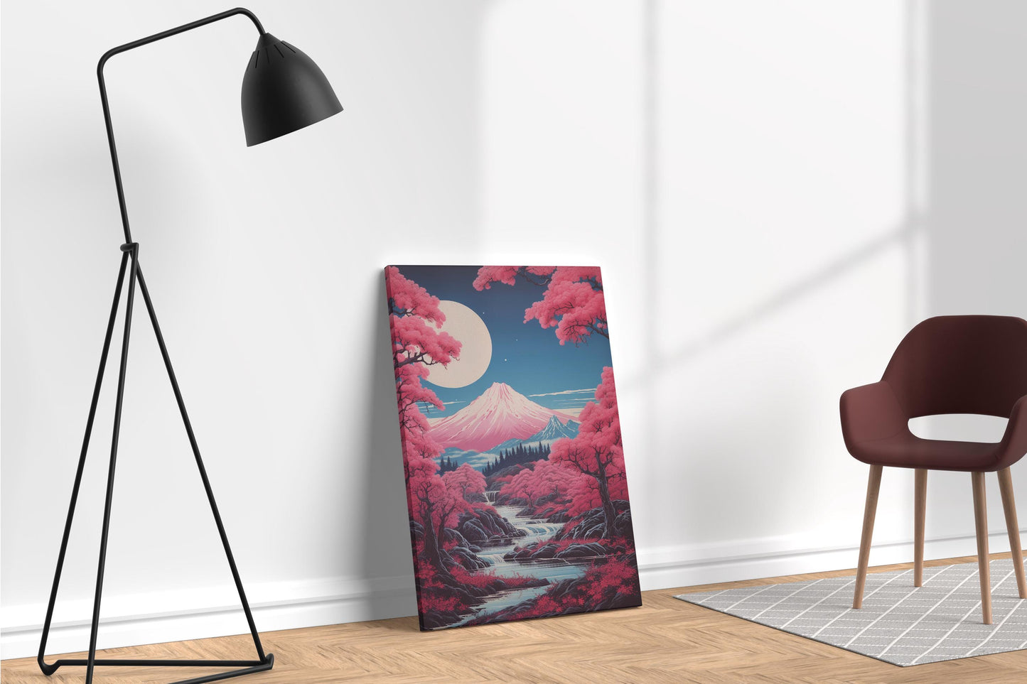 Moonlit Sakura Landscape Japanese Ukiyo-e Style Wall Art Eco Leather Canvas Wall Decor Print Ambient