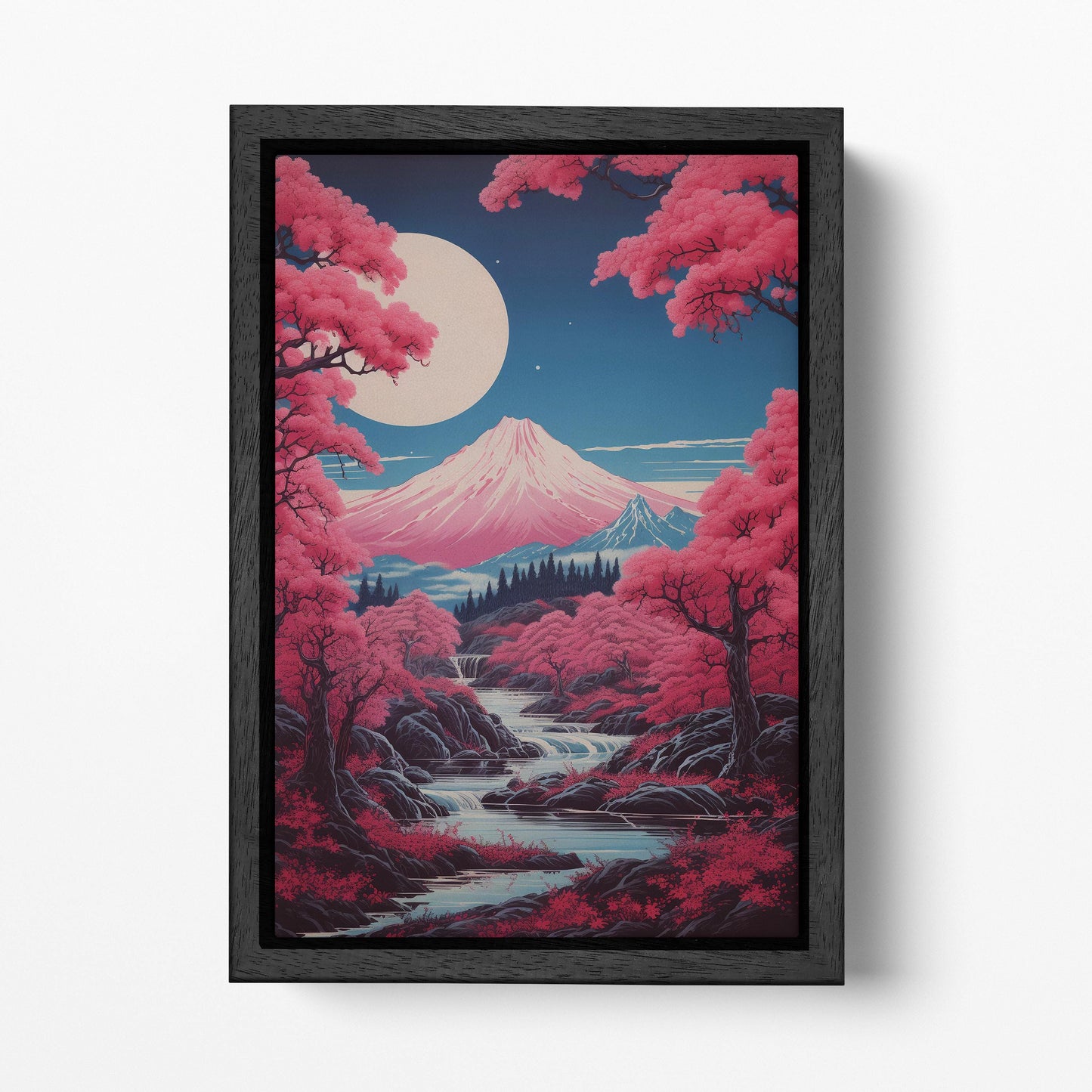 Moonlit Sakura Landscape Japanese Ukiyo-e Style Wall Art Eco Leather Canvas Wall Decor Print Black Frame