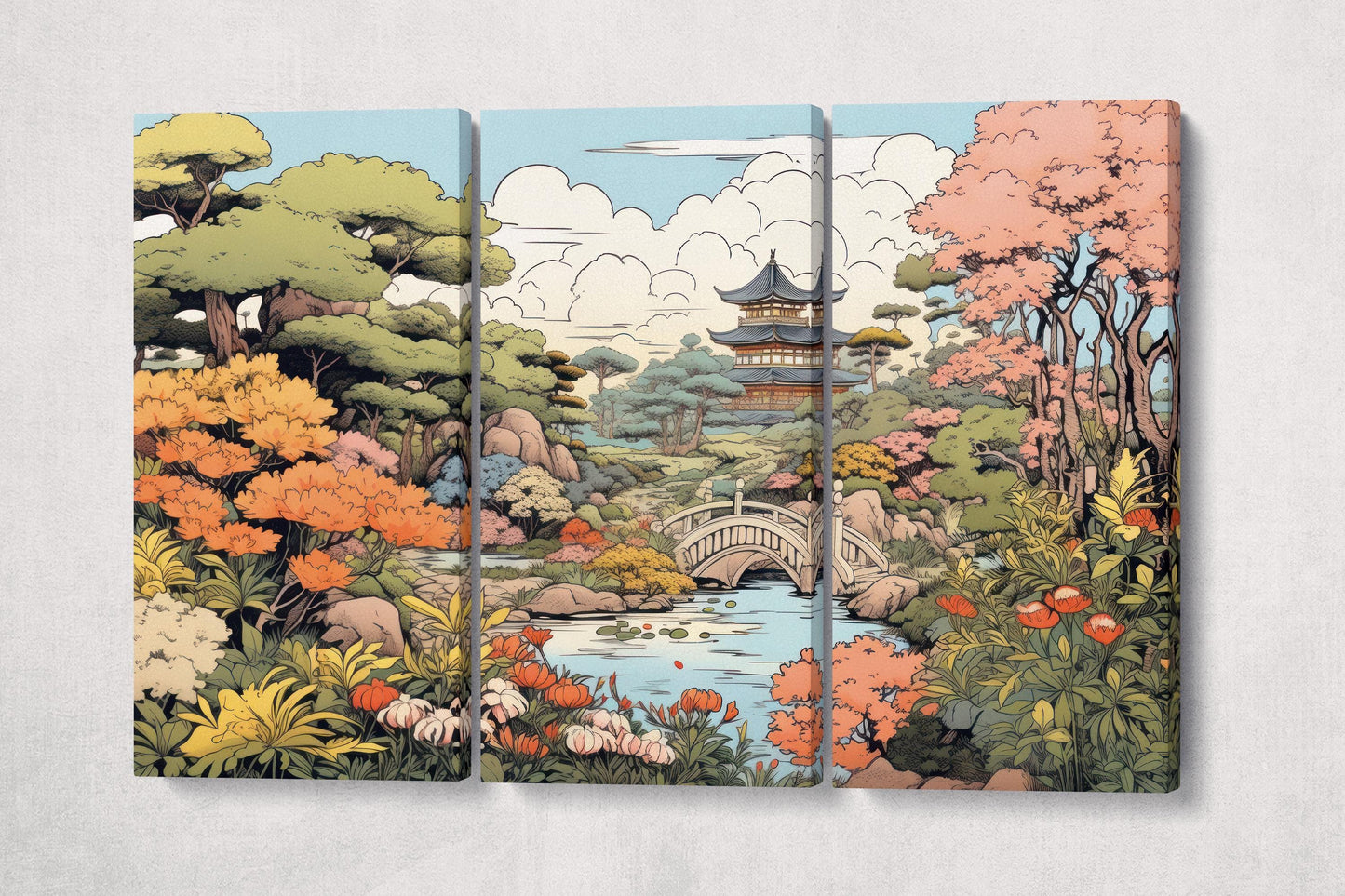 Ukiyo-e Japanese Garden Pagoda Canvas Wall Art Eco Leather Print 3 Panels