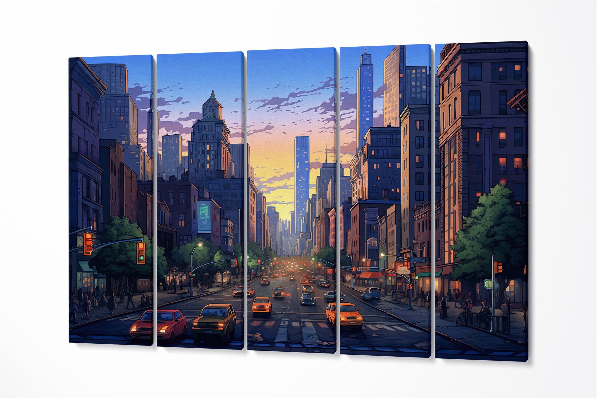 Sunset Glow Over New York Streets Artwork Wall Art Eco Leather Canvas Print 5 Panels
