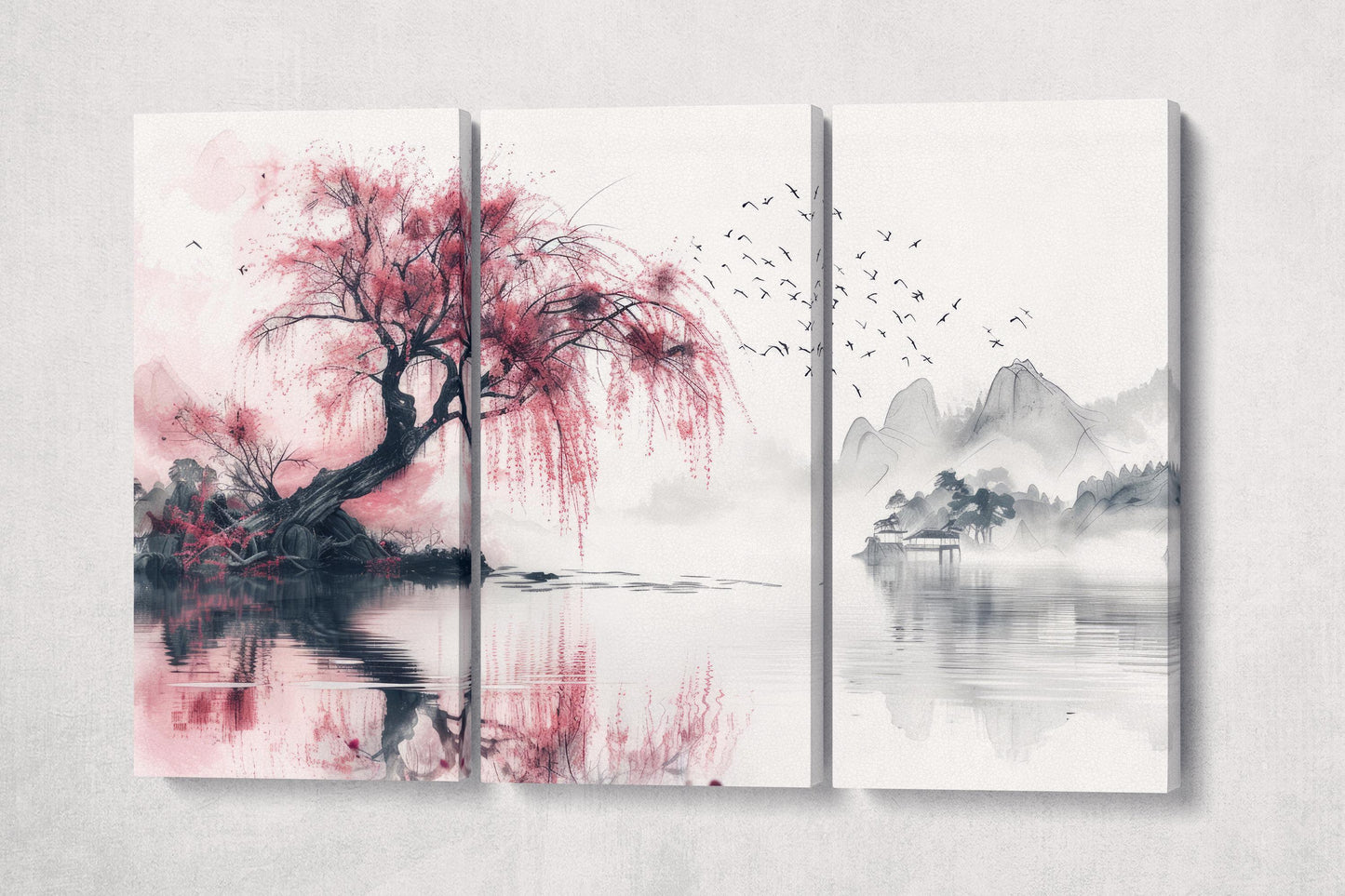 Whispering Sakura Reflections Japanese Style Canvas Wall Art Eco Leather Print 3 Panels