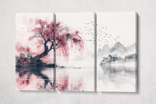 Load image into Gallery viewer, Whispering Sakura Reflections Japanese Style Canvas Wall Art Eco Leather Print 3 Panels