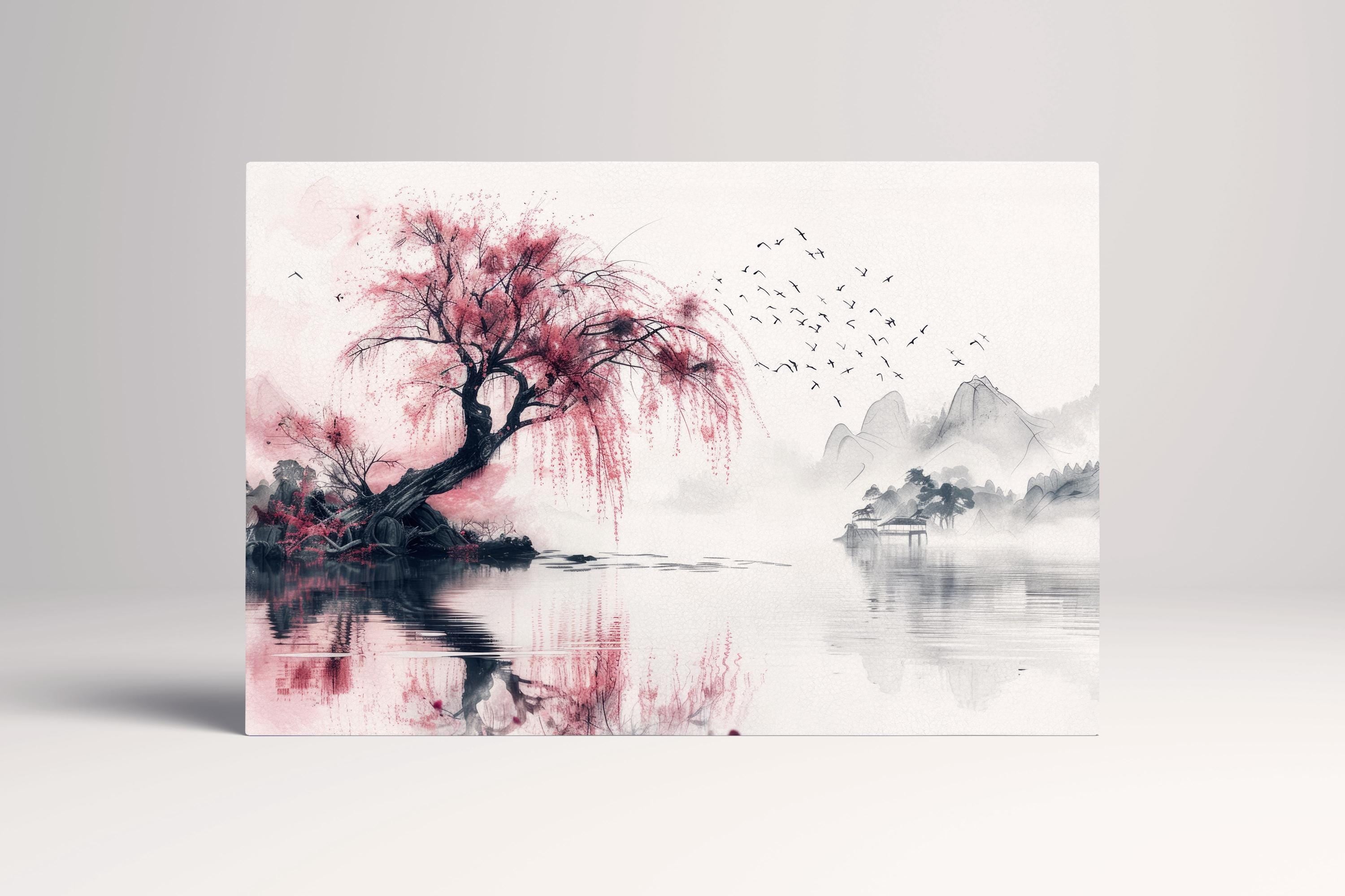 Whispering Sakura Reflections Japanese Style Canvas Wall Art Eco