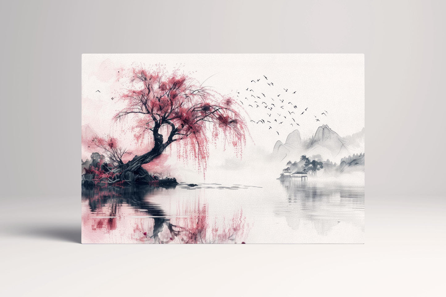 Whispering Sakura Reflections Japanese Style Canvas Wall Art Eco Leather Print