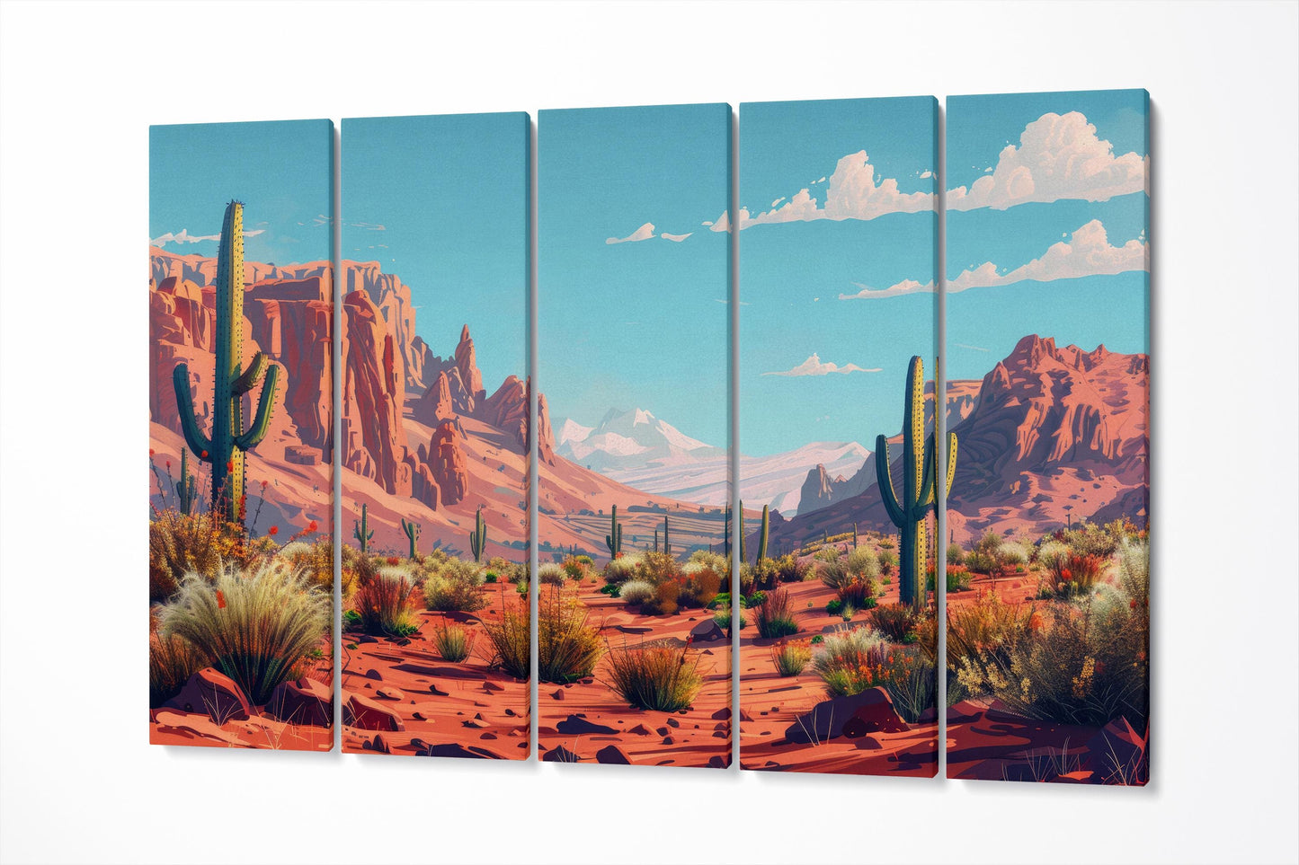 Sunlit Desert Oasis Southwest Landscape Wall Art Eco Leather Home Decor Canvas Print 5 Panels
