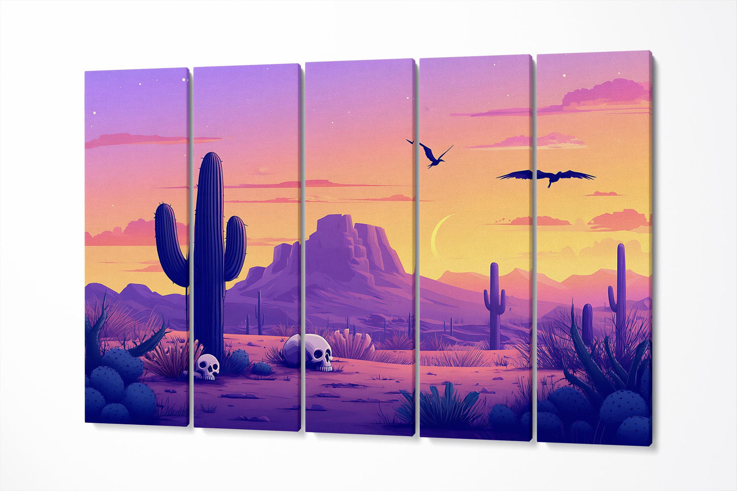 Desert Cartoon Purple Twilight Wall Art Eco Leather Home Decor Canvas Print 5 Panels