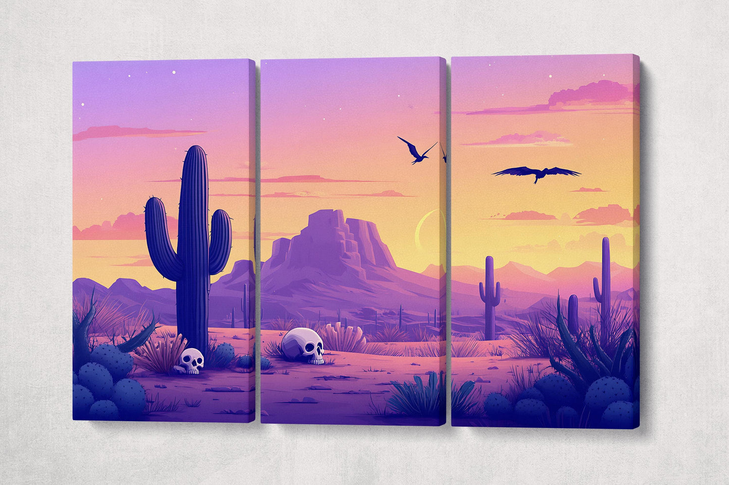 Desert Cartoon Purple Twilight Wall Art Eco Leather Home Decor Canvas Print 3 Panels