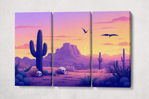 Desert Cartoon Purple Twilight Wall Art Eco Leather Home Decor Canvas Print 3 Panels