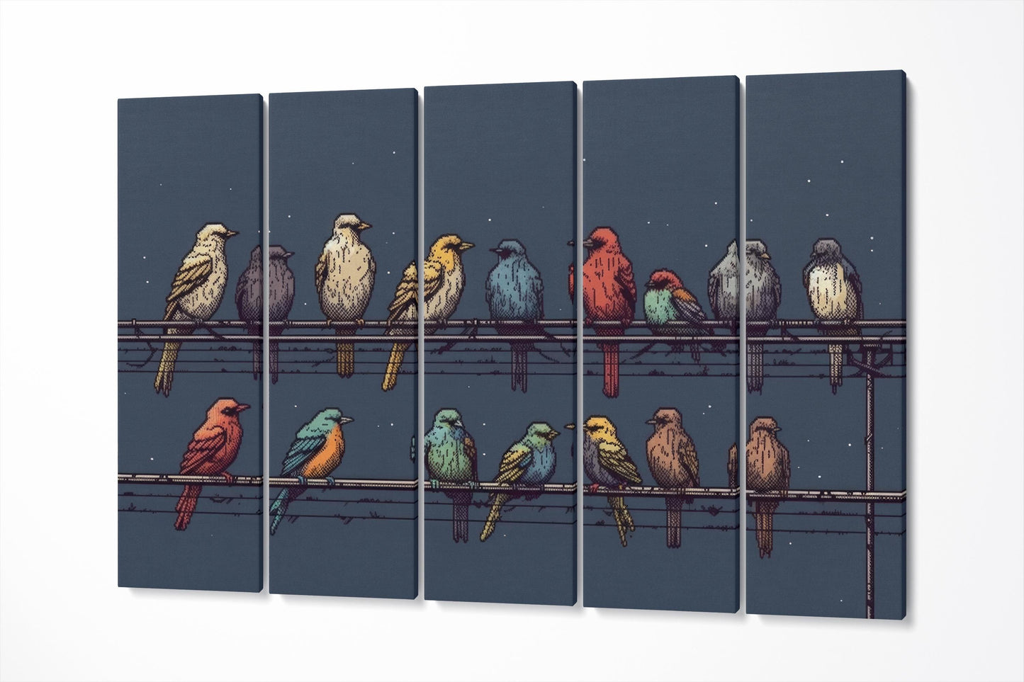 Symphony of Colors Birds on Wire Under a Starry Sky Retro Illustrative Wall Art 5 Panels