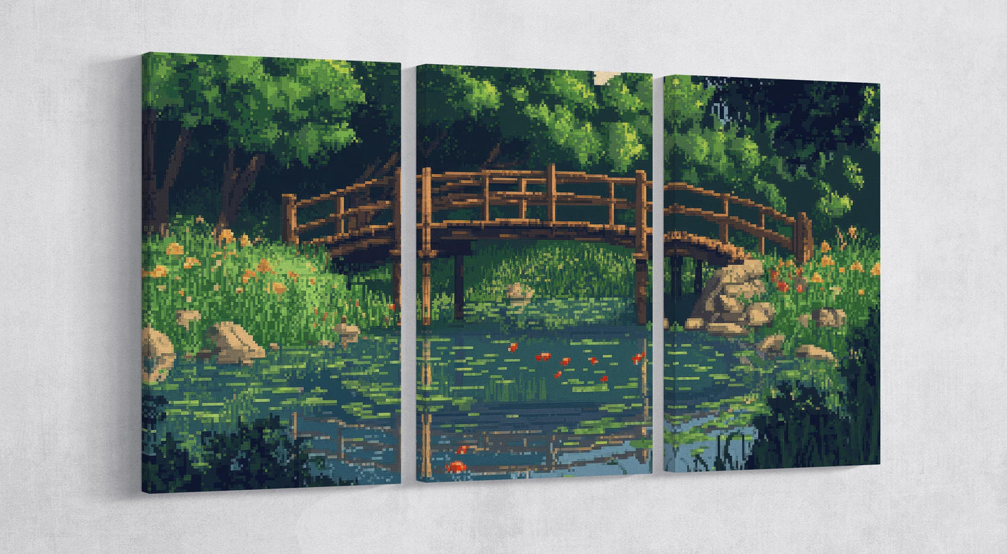 Pixel Impressionism: Monet-Inspired Bridge Over a Lily Pond Wall Art Canvas Print 3 Panels