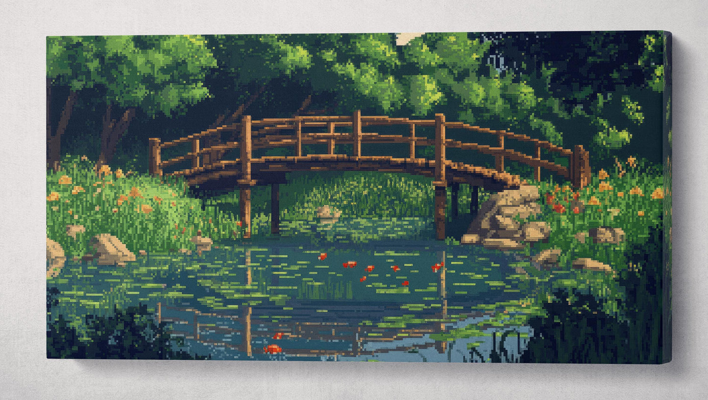 Pixel Impressionism: Monet-Inspired Bridge Over a Lily Pond Wall Art Canvas Print Single Panel