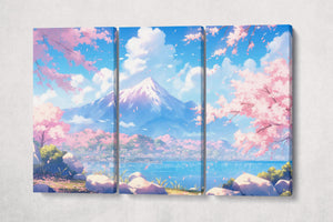 Blossom Serenity: Sakura and Mountain Bliss - Japan Style Canvas Wall Art 3 Panels
