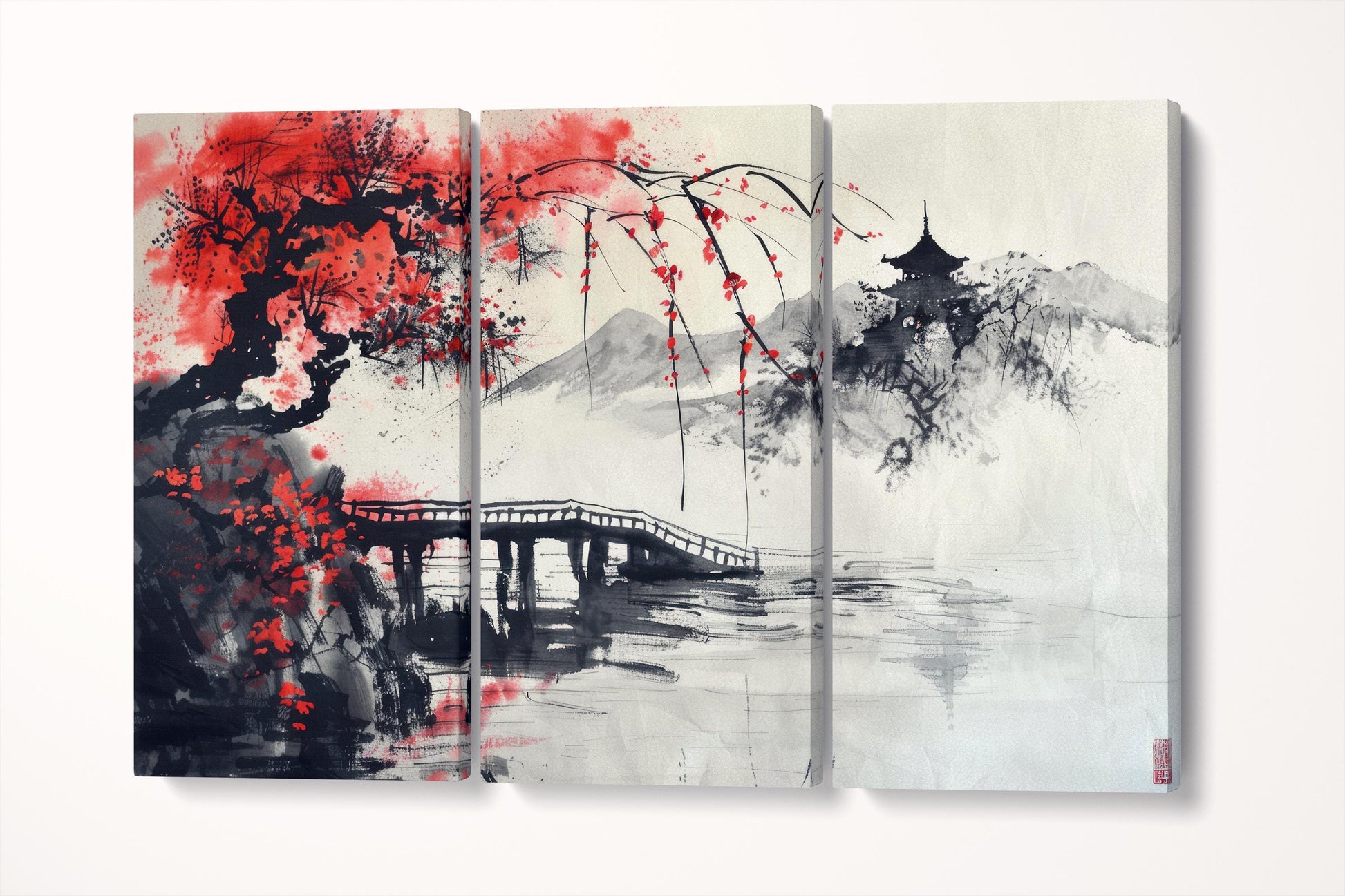 Japanese Ink Art Bridge Red Tree Canvas Wall Art Eco Leather Print 3 Panels