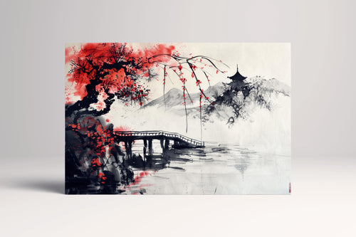 Japanese Ink Art Bridge Red Tree Canvas Wall Art Eco Leather Print
