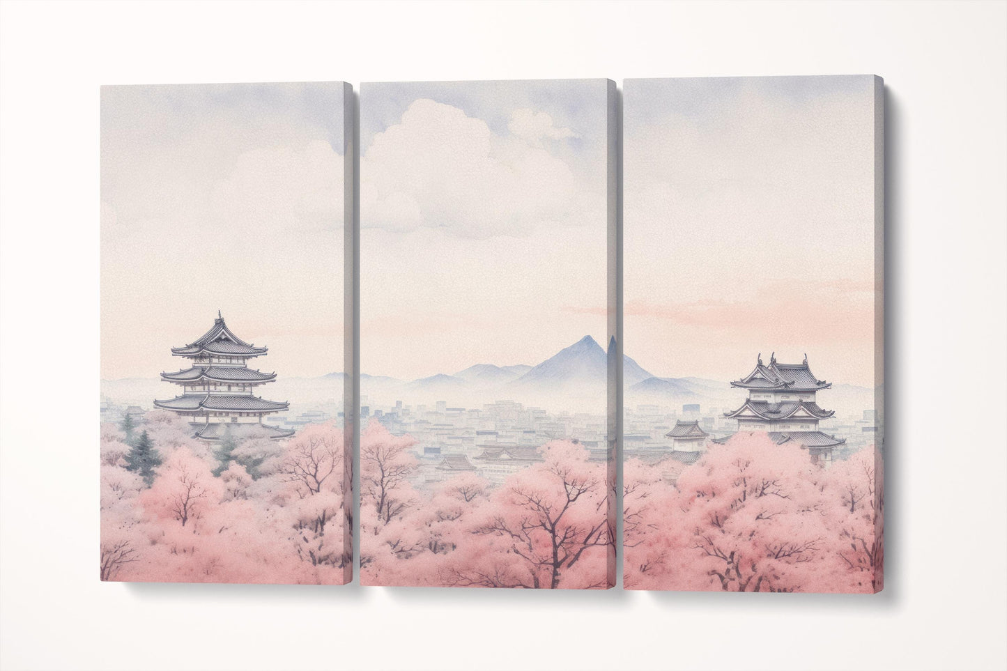Cherry Blossom Dreamscape Delicate Pink Hues and Majestic Temples Canvas Japanese Wall Art Eco Leather Print 3 Panels