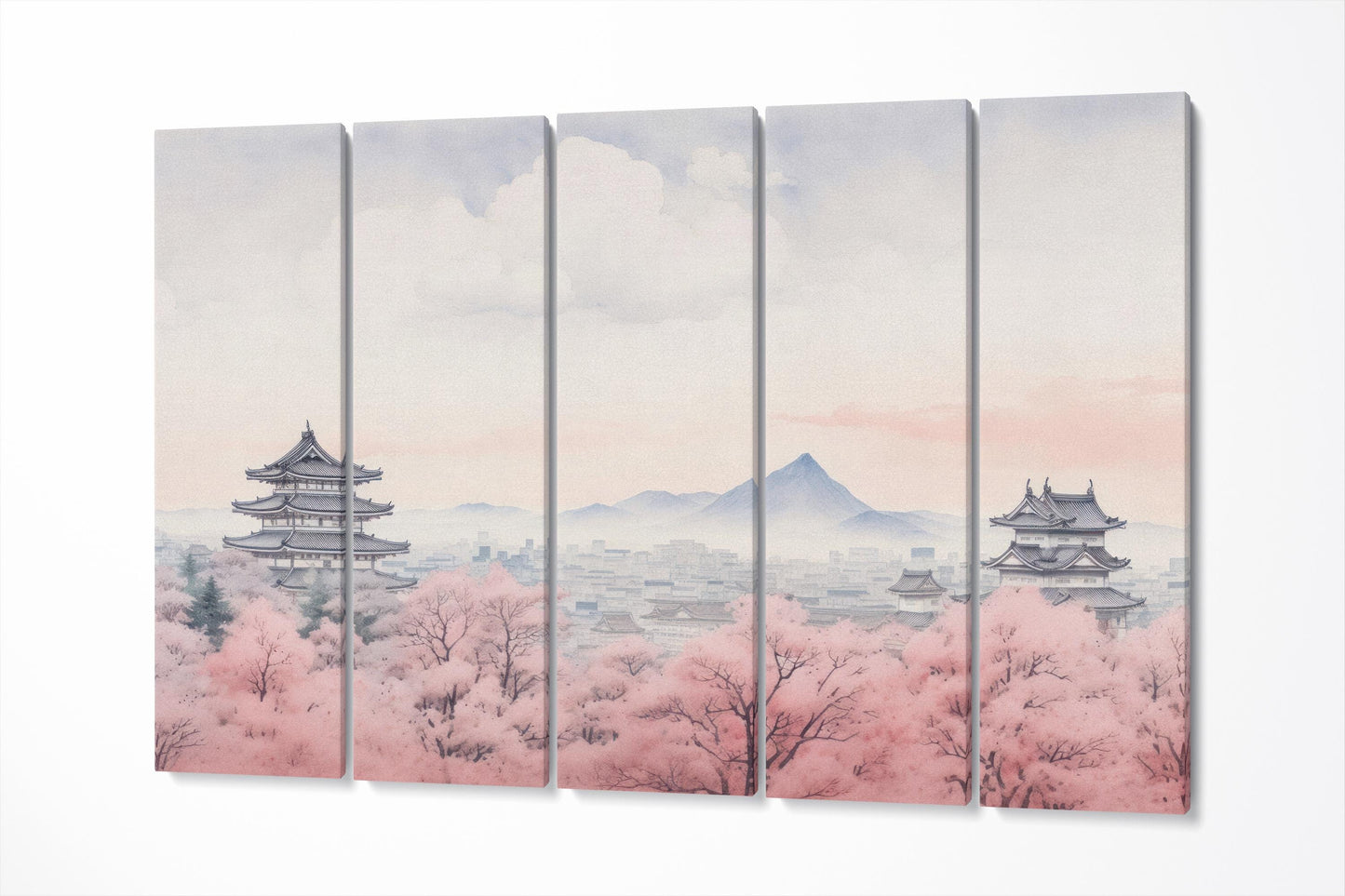 Cherry Blossom Dreamscape Delicate Pink Hues and Majestic Temples Canvas Japanese Wall Art Eco Leather Print 5 Panels