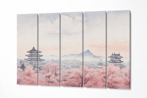 Cherry Blossom Dreamscape Delicate Pink Hues and Majestic Temples Canvas Japanese Wall Art Eco Leather Print 5 Panels