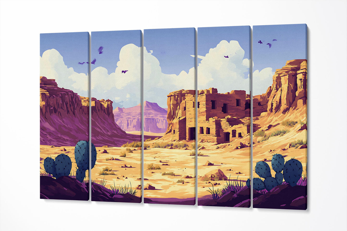 Southwest Desert Ruins Cartoon with Cactus and Canyon Scene Wall Art Eco Leather Home Decor Canvas Print 5 Panels
