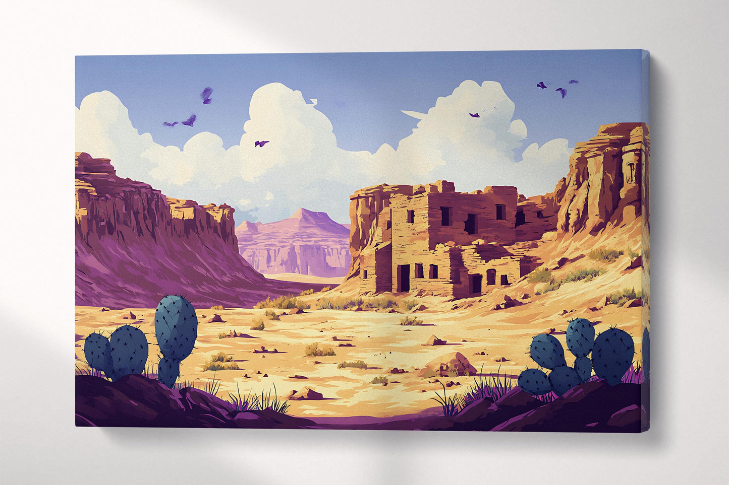 Southwest Desert Ruins Cartoon with Cactus and Canyon Scene Wall Art Eco Leather Home Decor Canvas Print Single Panel