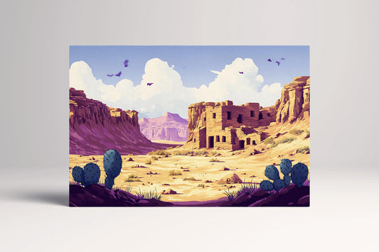 Southwest Desert Ruins Cartoon with Cactus and Canyon Scene Wall Art Eco Leather Home Decor Canvas Print