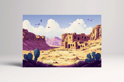 Southwest Desert Ruins Cartoon with Cactus and Canyon Scene Wall Art Eco Leather Home Decor Canvas Print