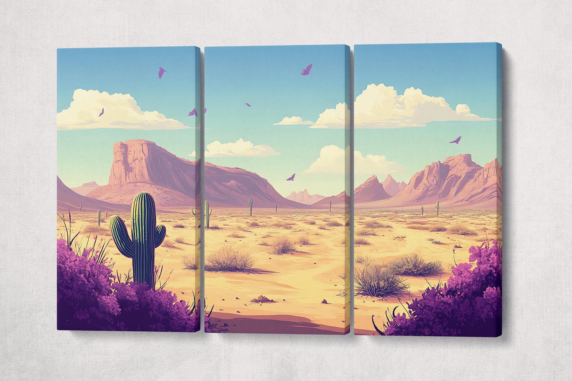 Southwest Desert Purple Flowers Cartoon Scene Wall Art Eco Leather Home Decor Canvas Print 3 Panels