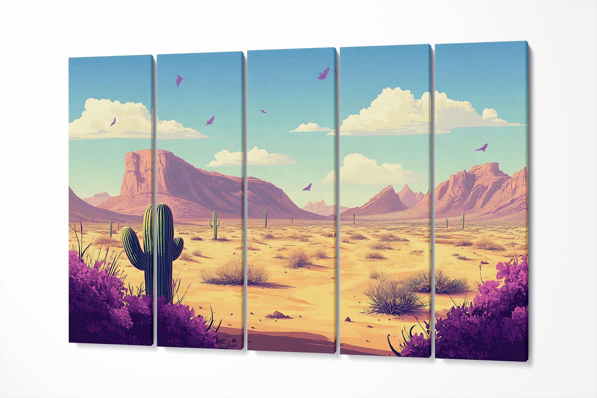 Southwest Desert Purple Flowers Cartoon Scene Wall Art Eco Leather Home Decor Canvas Print 5 Panels
