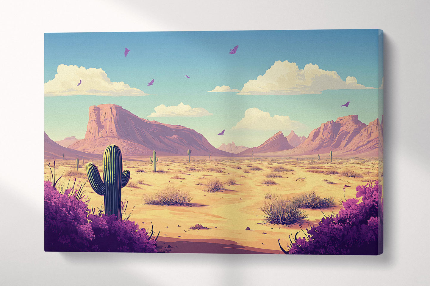 Southwest Desert Purple Flowers Cartoon Scene Wall Art Eco Leather Home Decor Canvas Print Single Panel