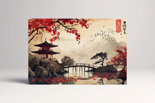 Japanese Zen Lake with Red Pagoda and Cherry Blossoms Canvas Wall Art Eco Leather Print