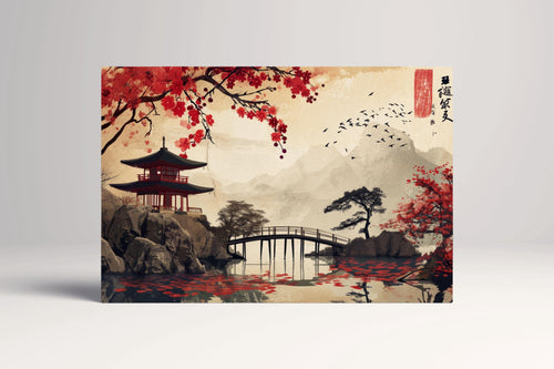 Japanese Zen Lake with Red Pagoda and Cherry Blossoms Canvas Wall Art Eco Leather Print