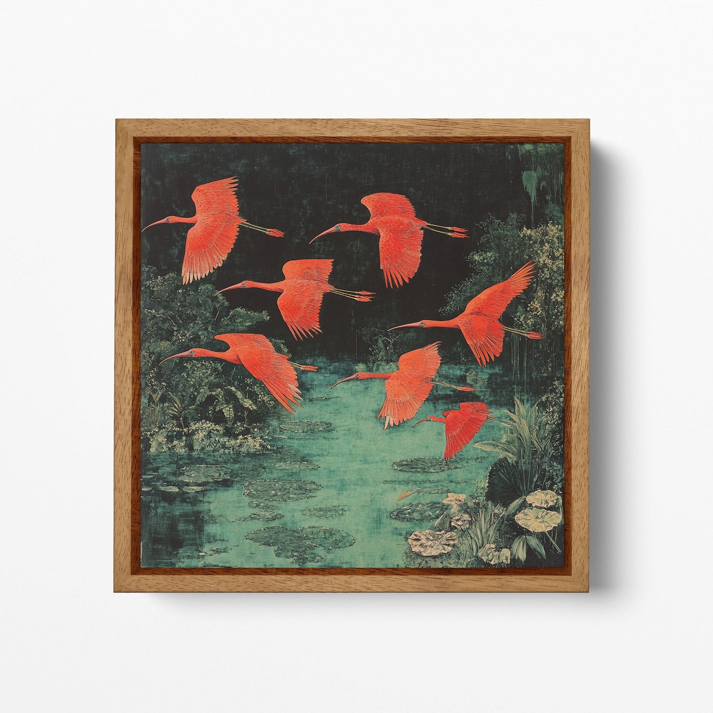 Red Ibis Flight Chinesed Pond Scene Canvas Wall Art Eco Leather Print Wood Frame