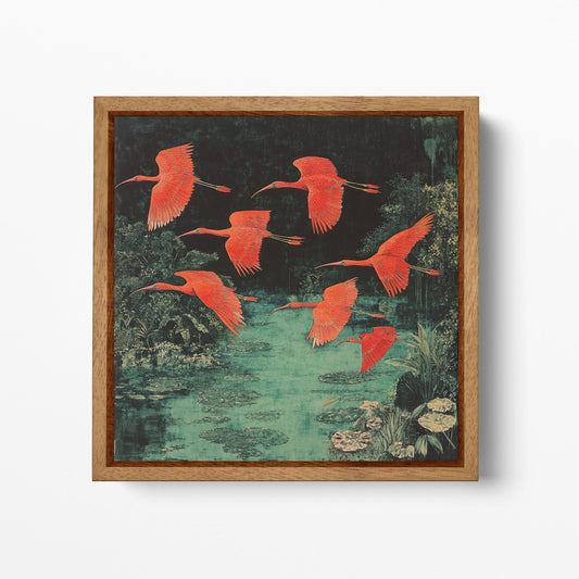 Red Ibis Flight Chinesed Pond Scene Canvas Wall Art Eco Leather Print Wood Frame