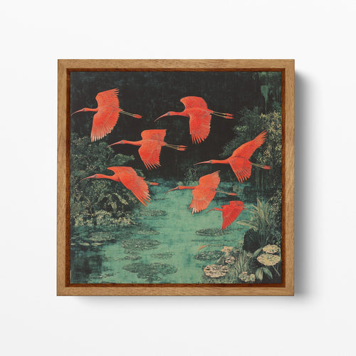 Red Ibis Flight Chinesed Pond Scene Canvas Wall Art Eco Leather Print Wood Frame