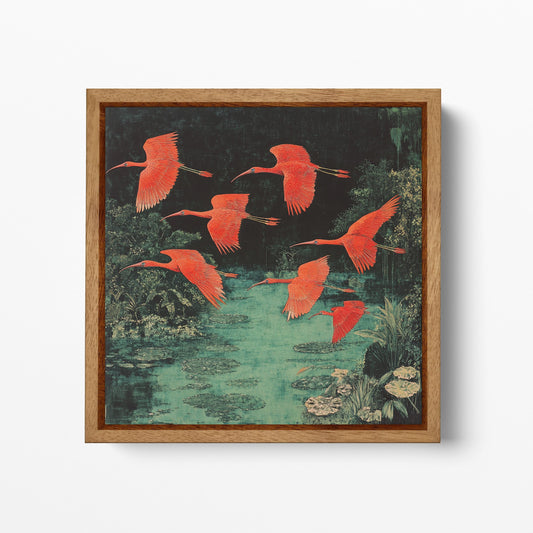 Red Ibis Flight Chinesed Pond Scene Canvas Wall Art Eco Leather Print Wood Frame
