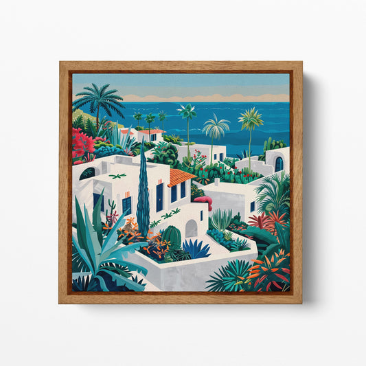 Mediterranean Greek Island Coastal Village Canvas Wall Art Eco Leather Print Wood Frame