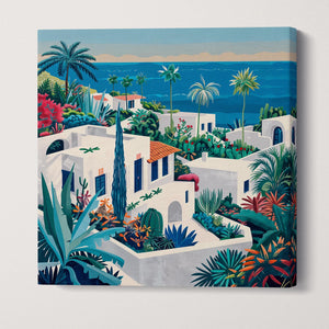 Mediterranean Greek Island Coastal Village Canvas Wall Art Eco Leather Print