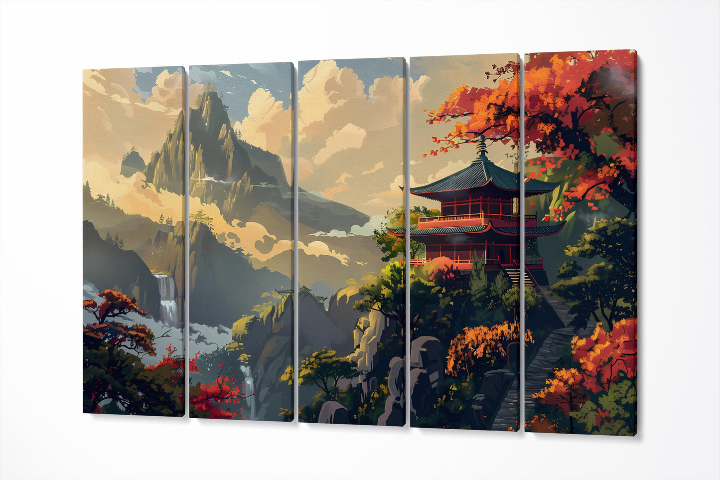 Japanese Pagoda Amid Autumn Mountains Zen Wall Art Canvas Wall Art Eco Leather Print 5 Panels
