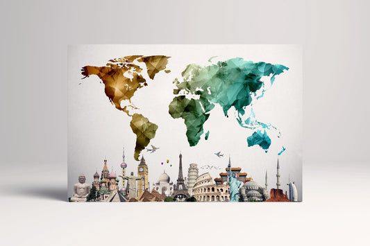 Color World Map Vector with Monuments Wall Art Canvas Eco Leather Print